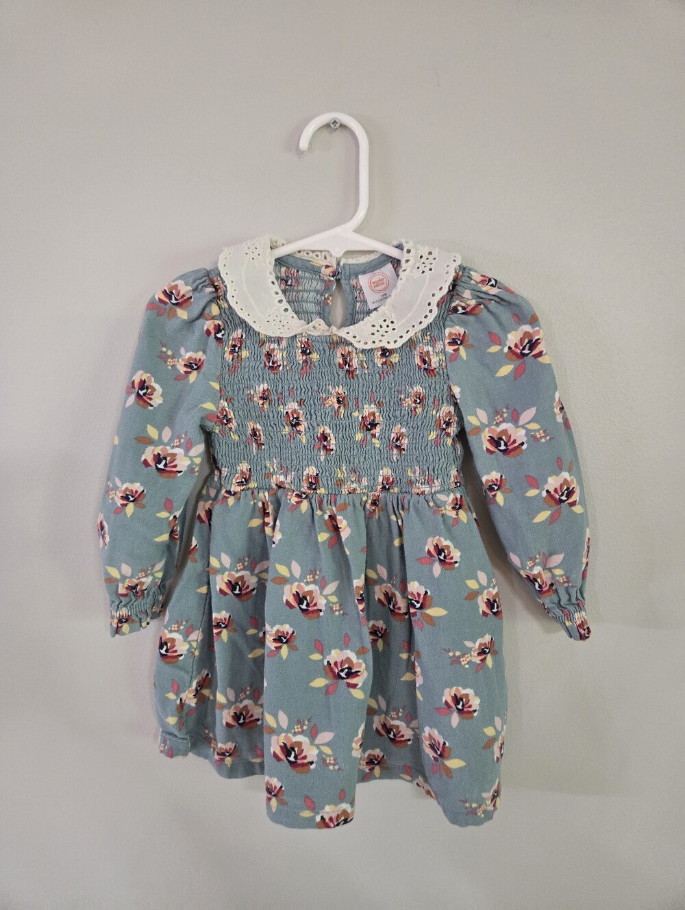 Wonder Nation Blue/Green Floral Smocked Dress with Eyelet Collar - Picture 4 of 7